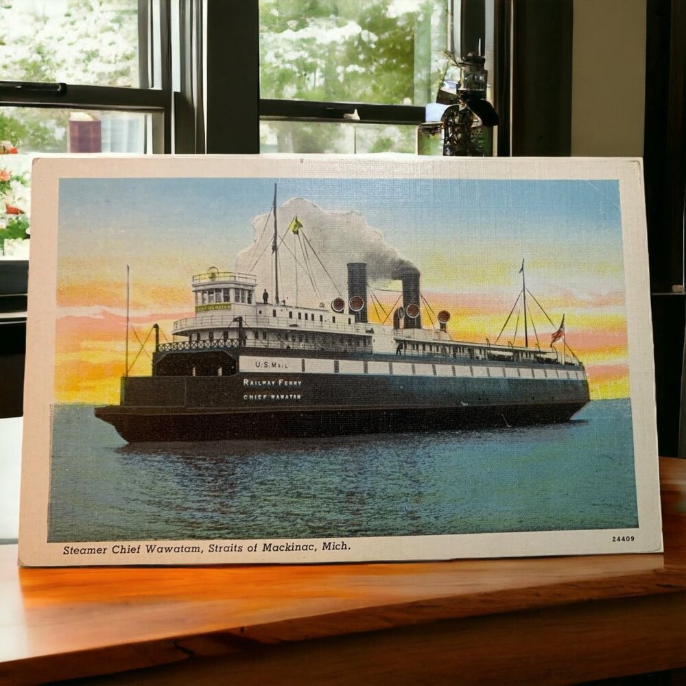 Steamer Chief Wawatam Mackinac MI Vintage Linen Postcard Ferry